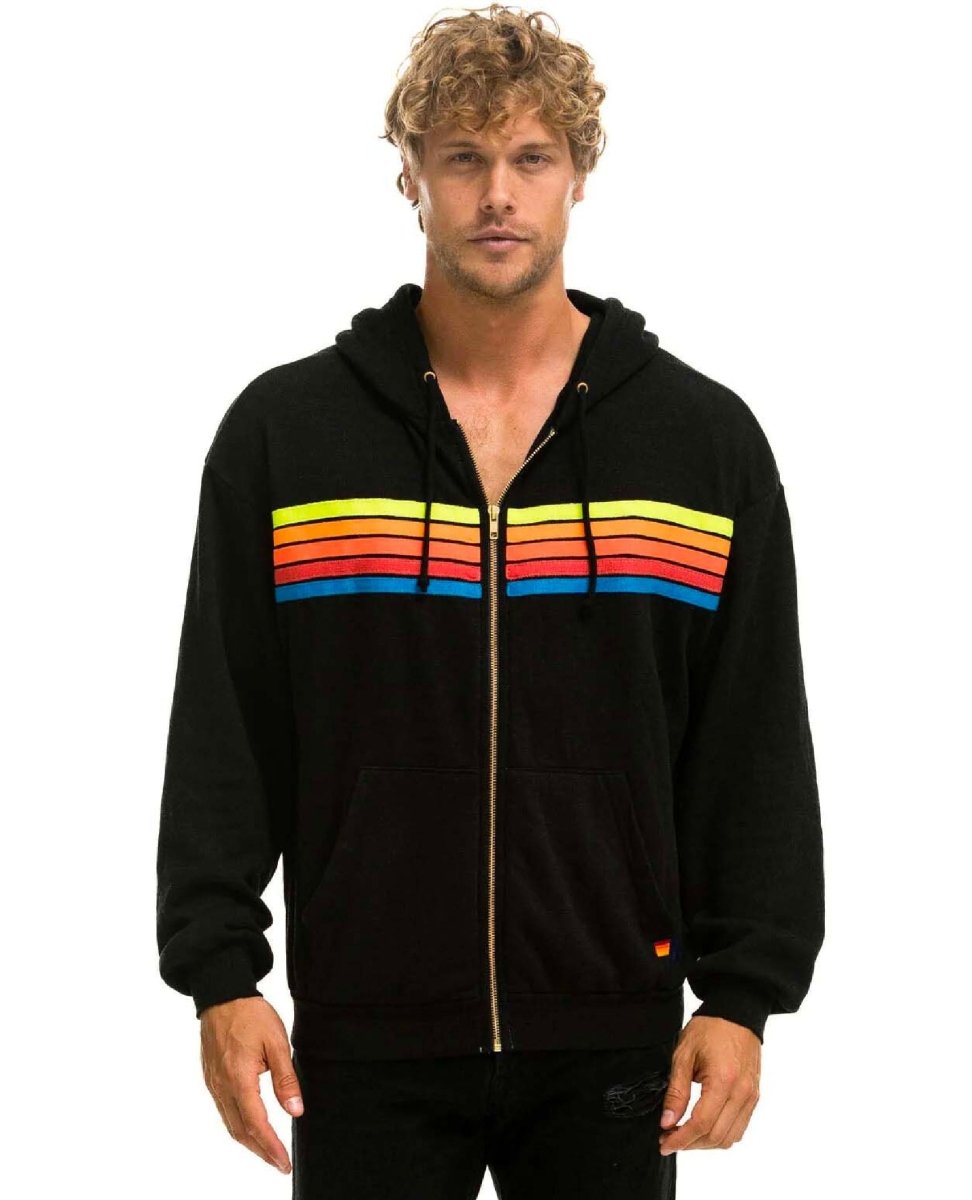 5 Stripe Neon Rainbow Relaxed Hoodie Black - PINK ARROWS