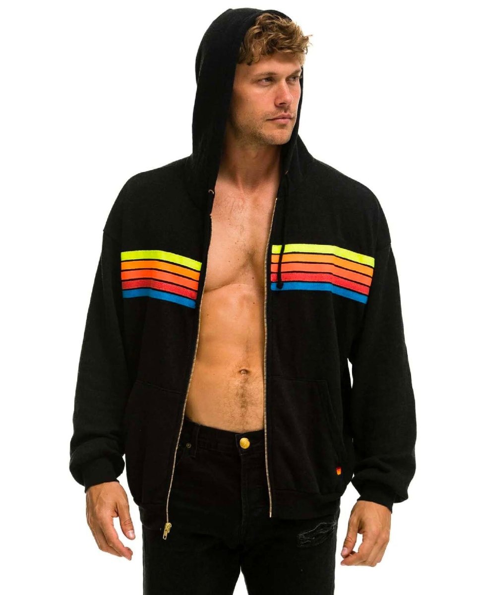 5 Stripe Neon Rainbow Relaxed Hoodie Black - miamidrugpossession