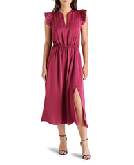 Allegra Ruffle Sleeve Satin Midi Dress Berry - PINK ARROWS