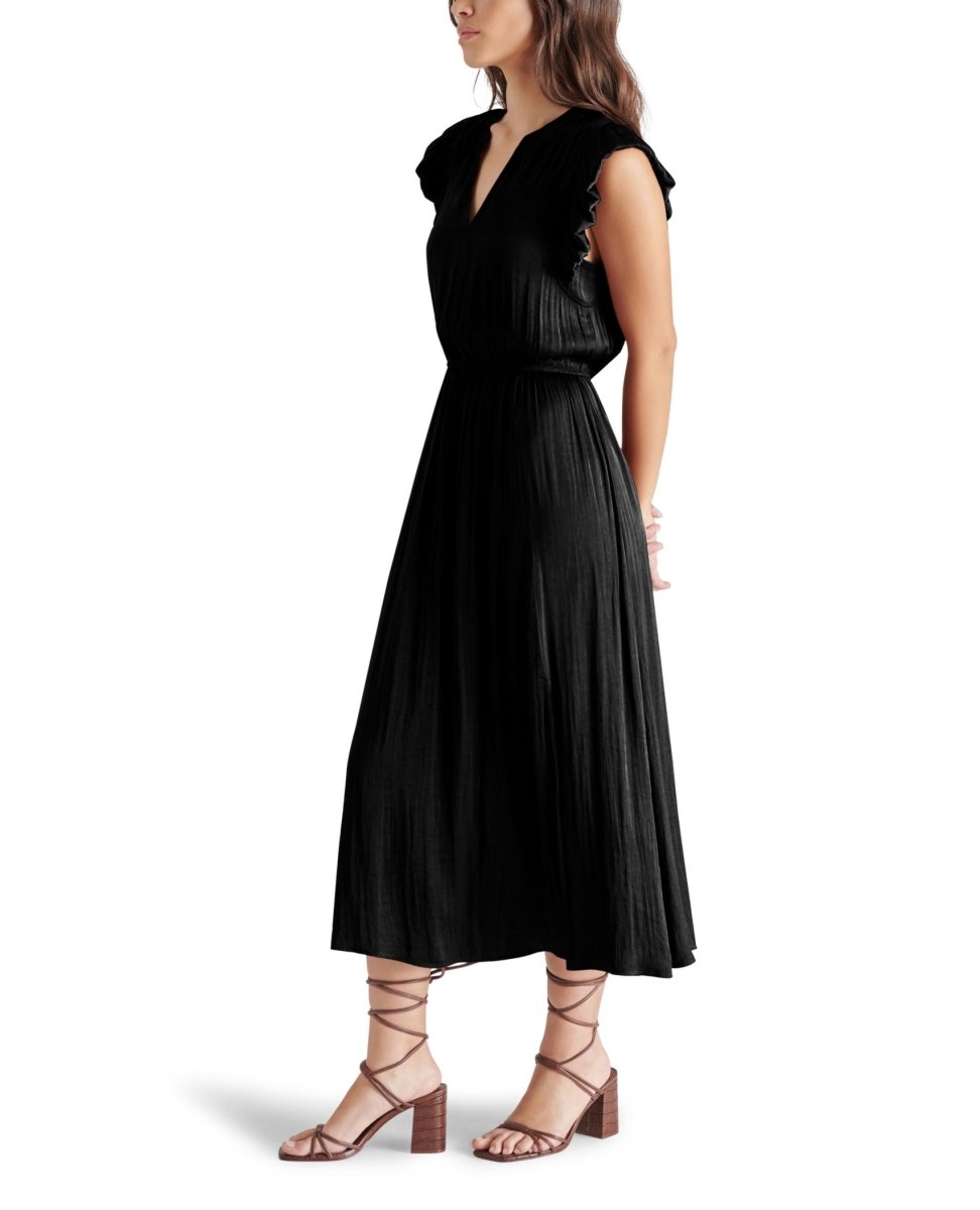 Allegra Ruffle Sleeve Satin Midi Dress Black - miamidrugpossession