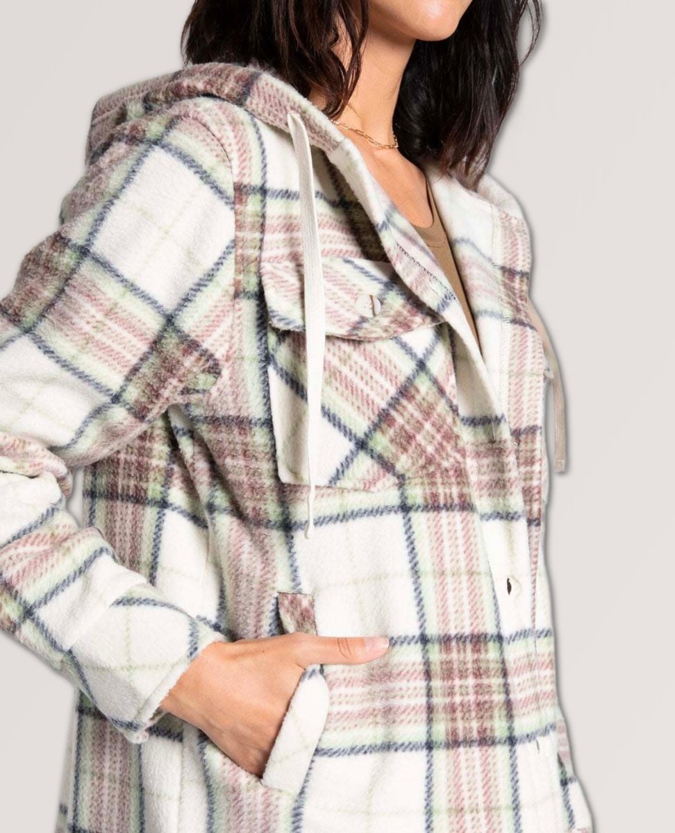 Almira Hooded Shacket Neutral Plaid - miamidrugpossession