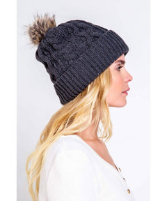 Black Beanie with Fur Pom - miamidrugpossession