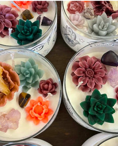 Bliss Soy Candles in Glass Votive w/ Flowers + Gemstones - clearpathherbicide