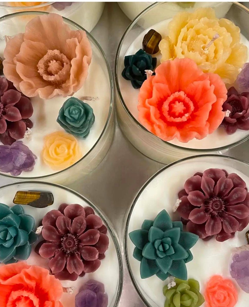 Bliss Soy Candles in Glass Votive w/ Flowers + Gemstones - miamidrugpossession