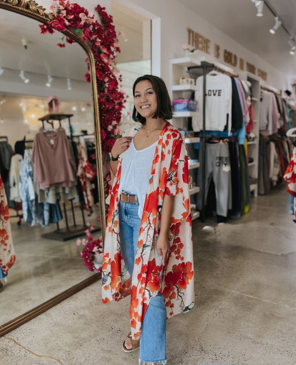 Blossom Branch Print Medium Red Kimono - miamidrugpossession