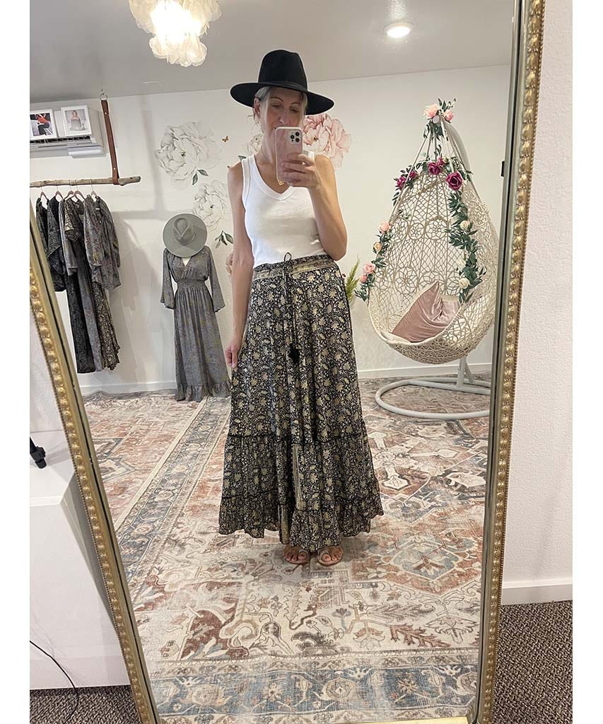 Boho Tiered Skirt Black Gold Combo - miamidrugpossession