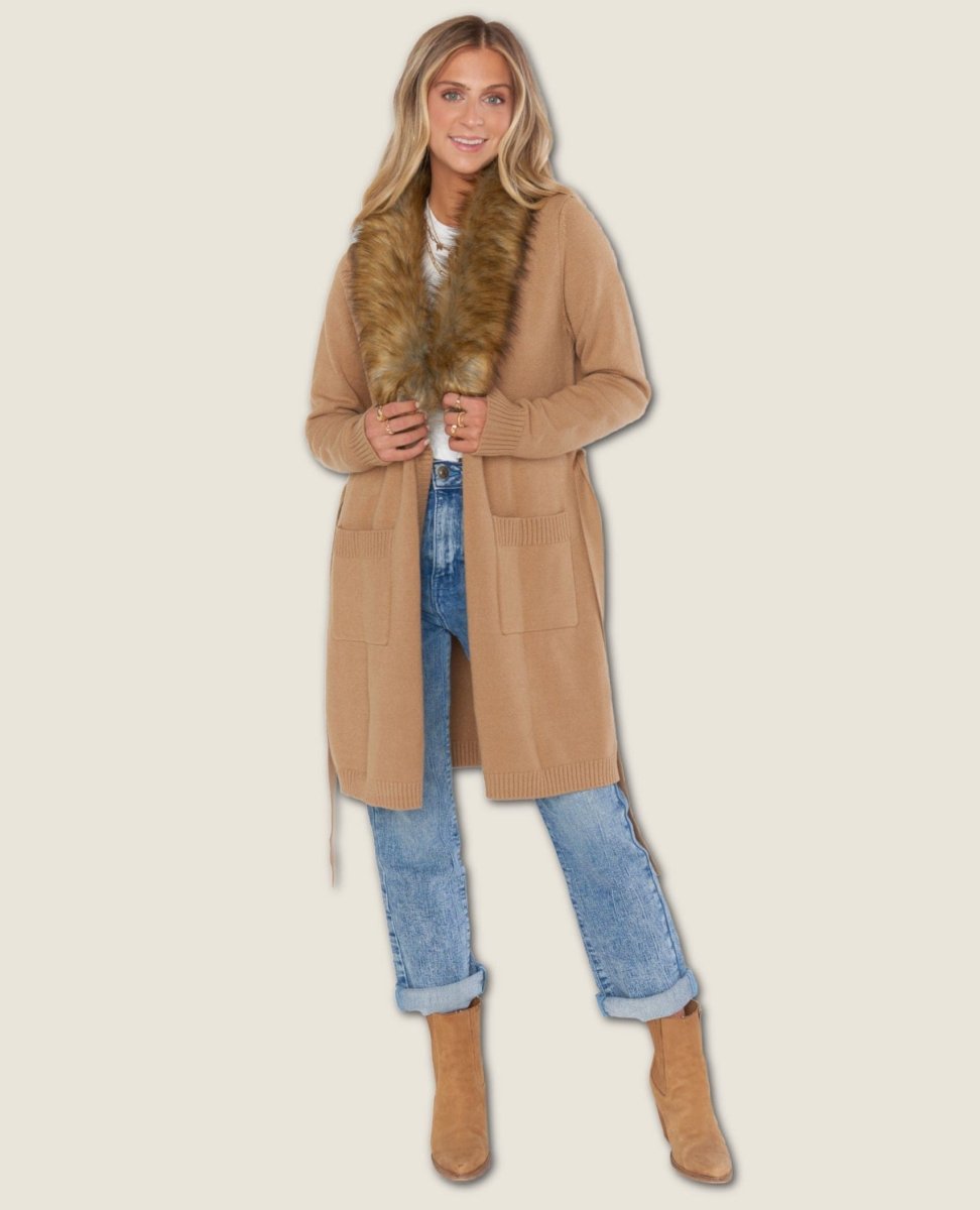 Cabin Cardi Camel Knit Faux Fur - miamidrugpossession