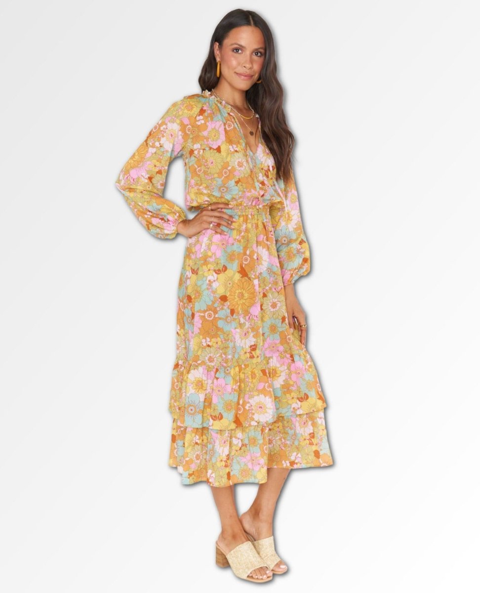 Cait Midi Dress Groovy Blooms - PINK ARROWS