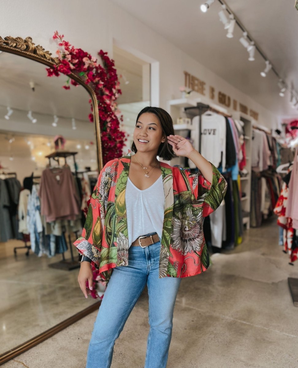 Coral Passion Flower Short Kimono - miamidrugpossession