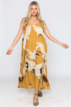 Crane Of Heaven Maxi Dress Mustard - PINK ARROWS