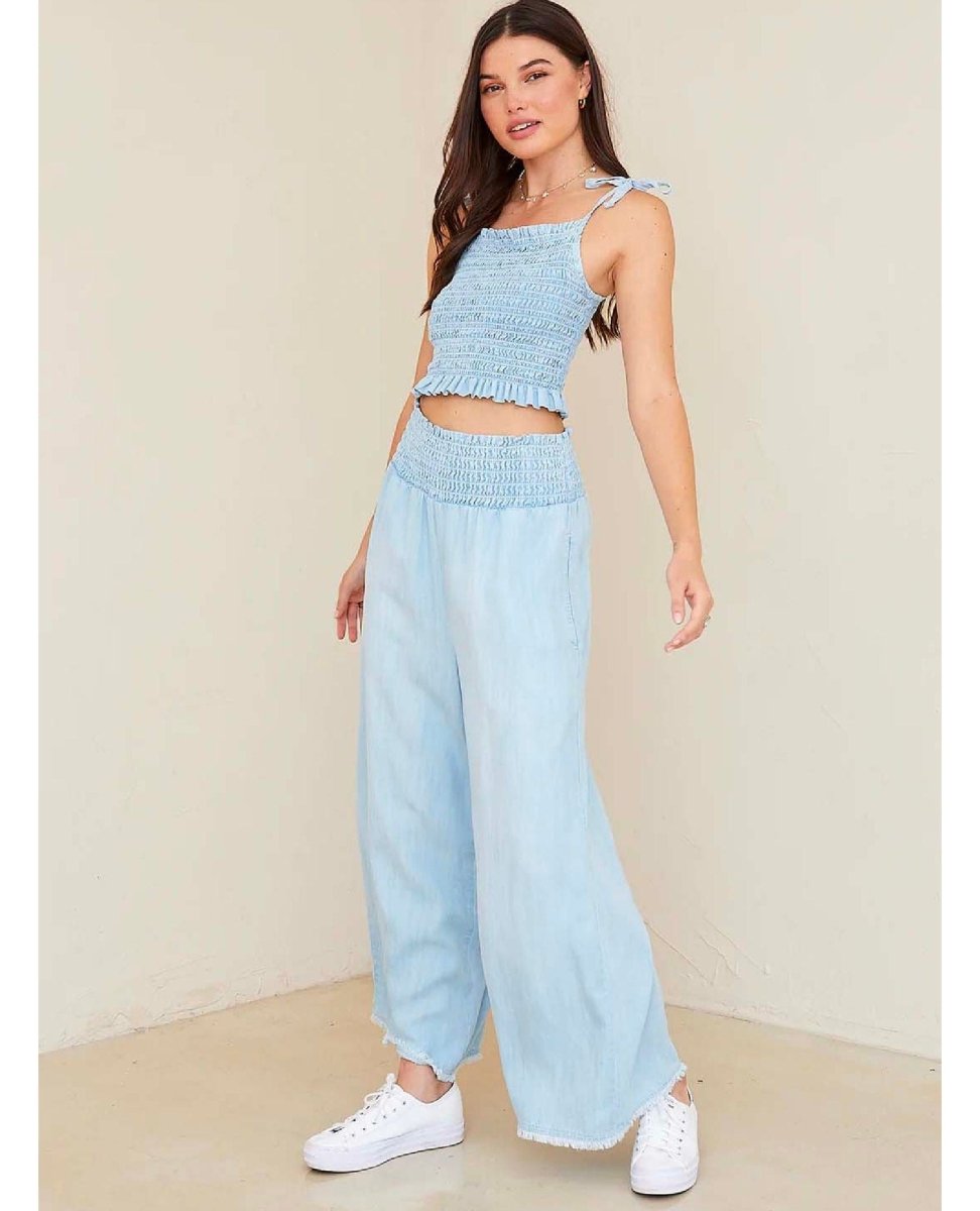 Denim Smocked Wide Leg Crop - miamidrugpossession