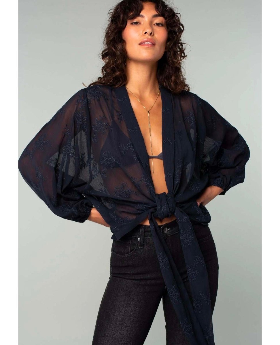 Embroidered Navy Sleeve Tie Front Kimono Top - clearpathherbicide