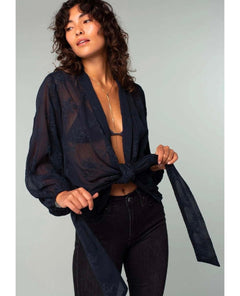 Embroidered Navy Sleeve Tie Front Kimono Top - clearpathherbicide