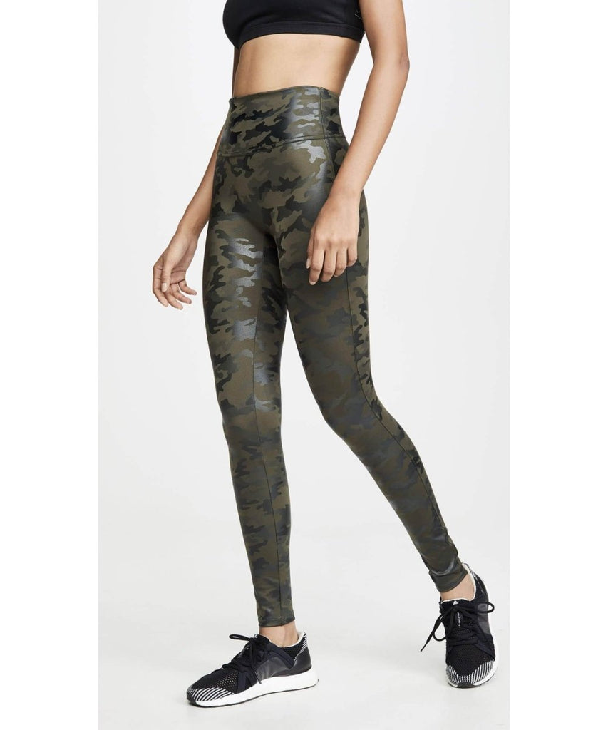 Faux Leather Leggings, Matte Green Camo - miamidrugpossession