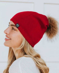 Fine Knit Angora Fur Pom Slouchy Beanie Red - PINK ARROWS