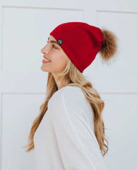 Fine Knit Angora Fur Pom Slouchy Beanie Red - PINK ARROWS