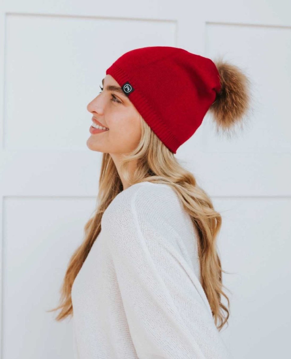 Fine Knit Angora Fur Pom Slouchy Beanie Red - PINK ARROWS