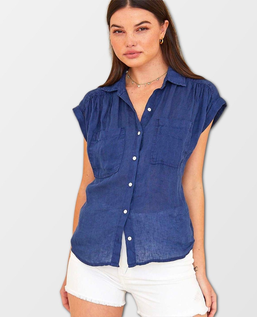 Flowy Pocket Button Down Marine Blue Short Sleeve - miamidrugpossession