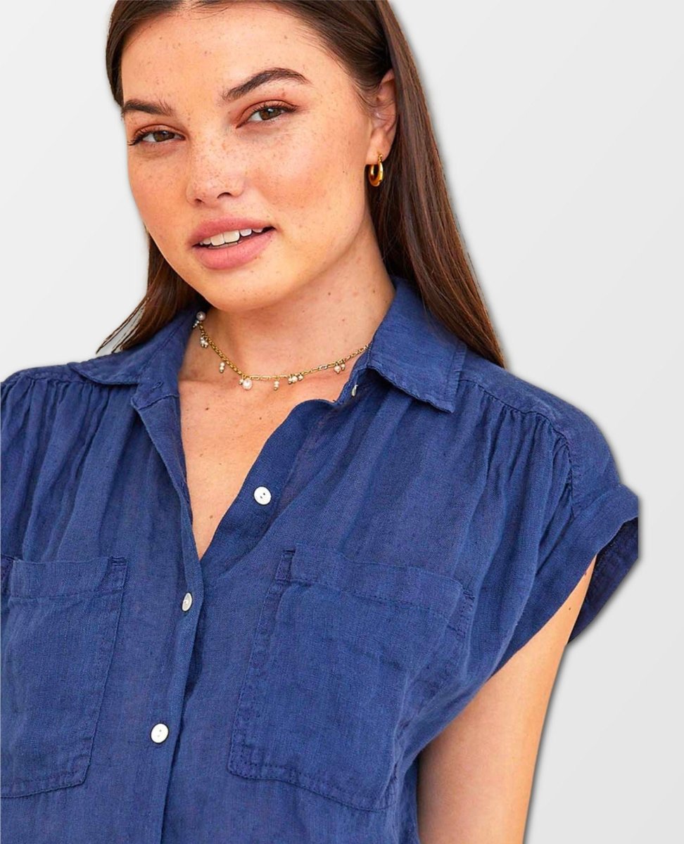 Flowy Pocket Button Down Marine Blue Short Sleeve - miamidrugpossession