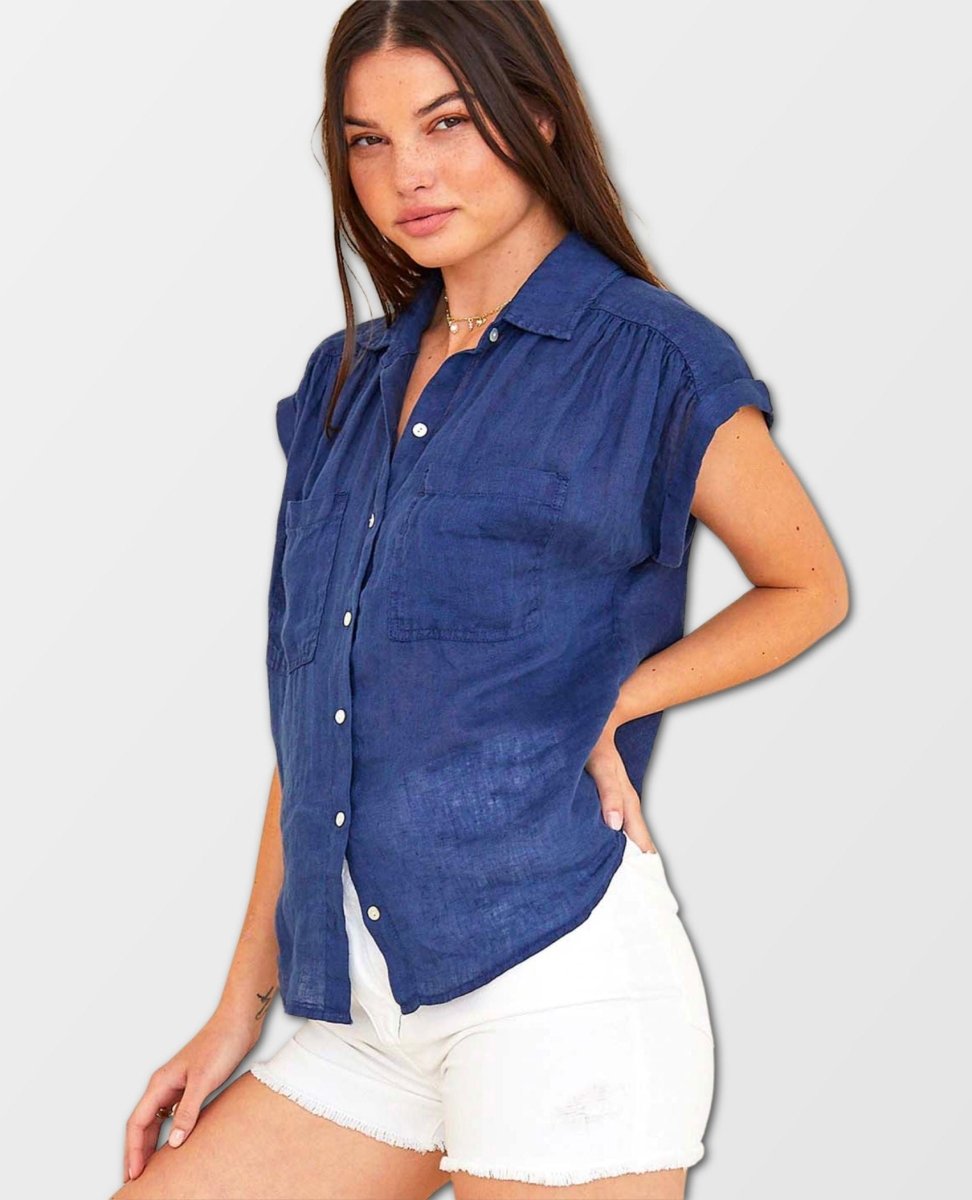 Flowy Pocket Button Down Marine Blue Short Sleeve - miamidrugpossession