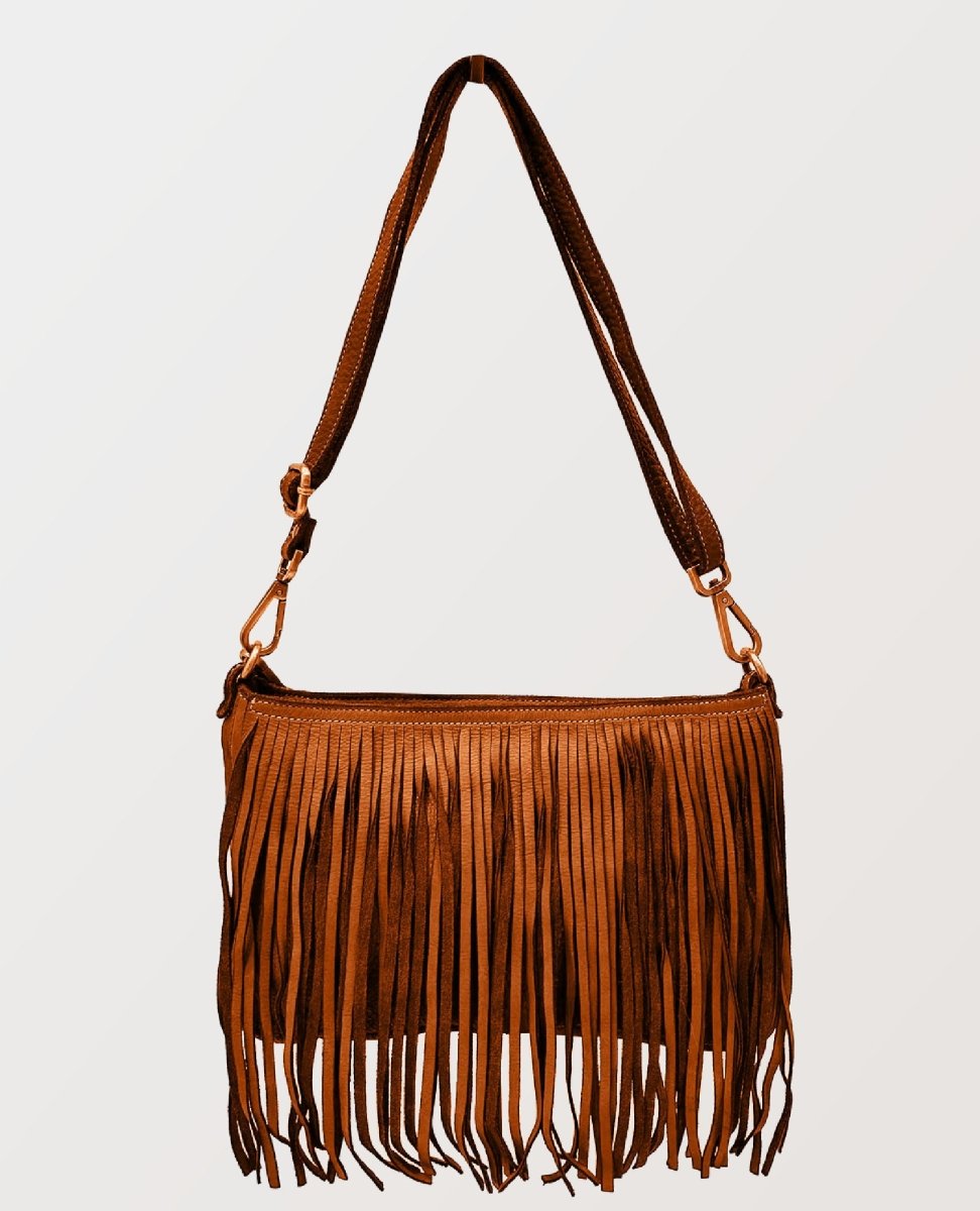 Fringe Cognac Leather Crossbody - miamidrugpossession