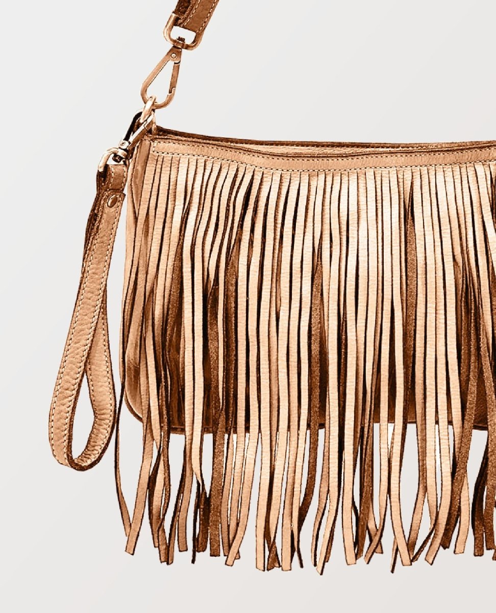 Fringe Light Taupe Leather Crossbody - miamidrugpossession