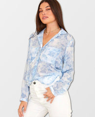 Full Button Down Hipster Shirt Cloud Print - PINK ARROWS