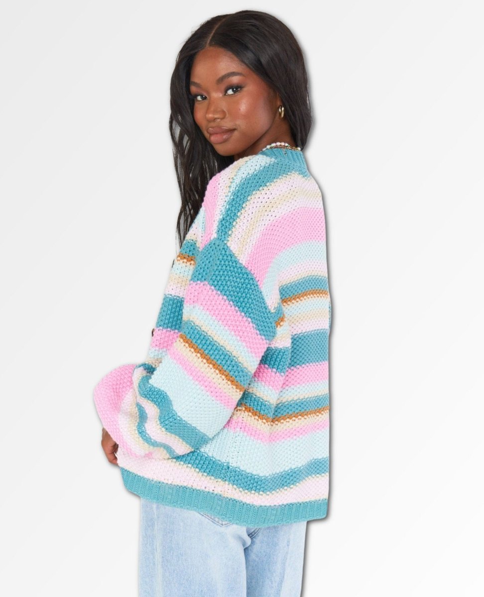 Good Karma Long Cardi Sherbert Stripe Knit - miamidrugpossession