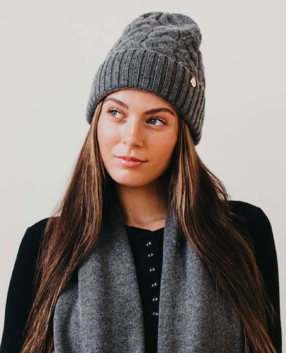 Grey Satin Lined Cashmere Beanie - PINK ARROWS