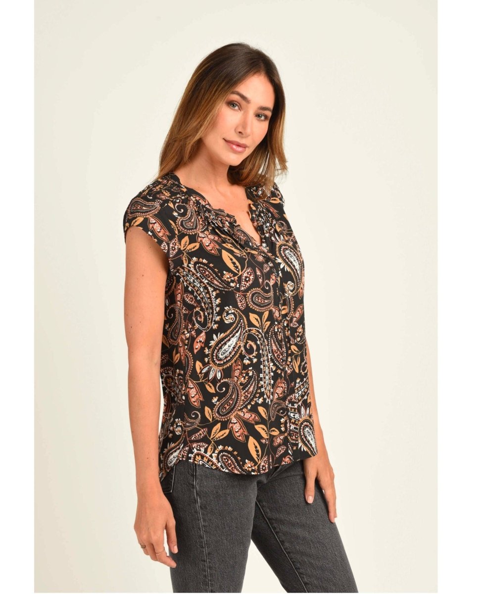 Hazel Smocked Top with Split V - Neck Black - clearpathherbicide