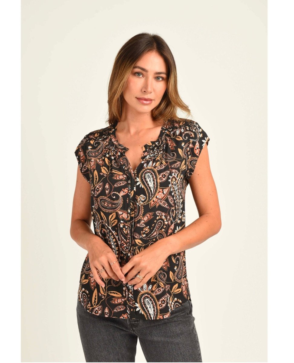 Hazel Smocked Top with Split V - Neck Black - clearpathherbicide