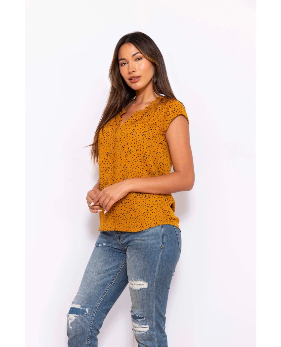 Hazel Smocked Top with Split V - Neck Gold - clearpathherbicide