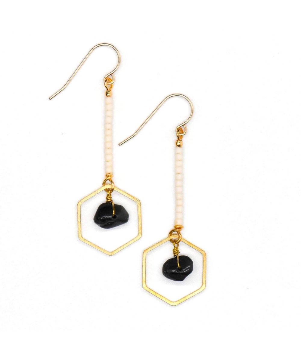 Hexagon Drop Earring Obsidian Ivory - clearpathherbicide