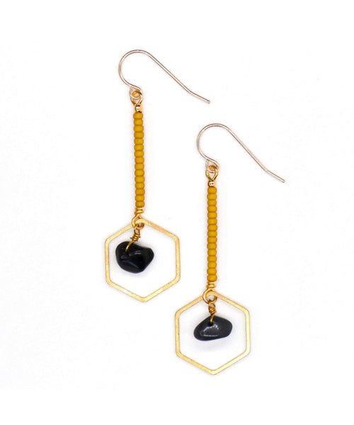 Hexagon Drop Earring Obsidian Mustard - clearpathherbicide