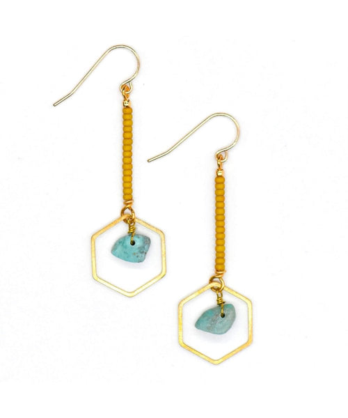 Hexagon Drop Earring Turquoise Mustard - clearpathherbicide