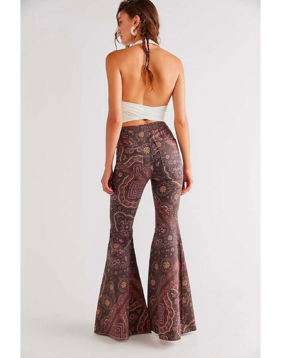 Just Float On Printed Flare Jeans Chocolate Combo - miamidrugpossession