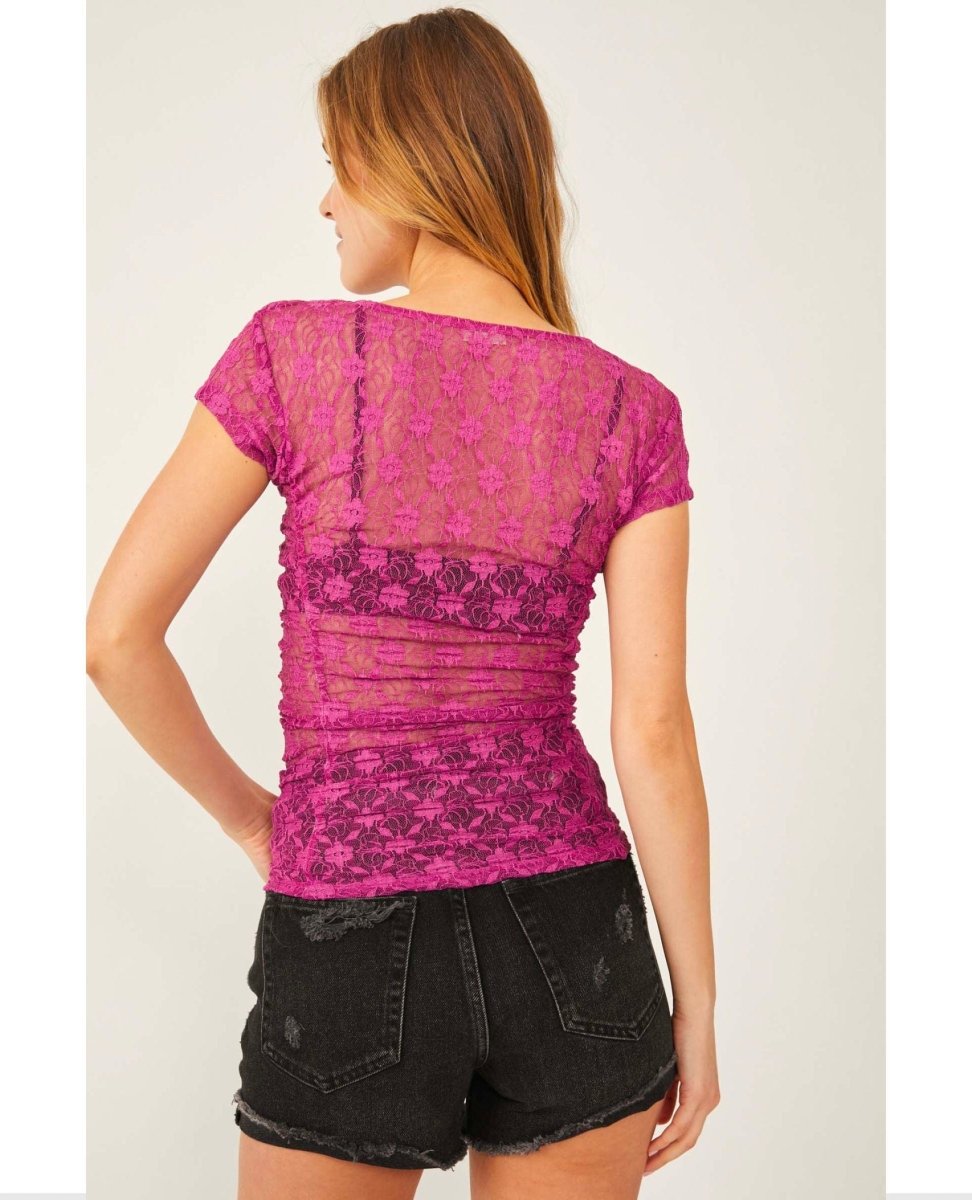 Keep It Simple Lace Baby Tee Dramatic Orchid - PINK ARROWS