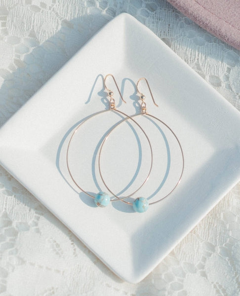 Large Bead Hoops Earrings Icy Turquoise Gold - clearpathherbicide