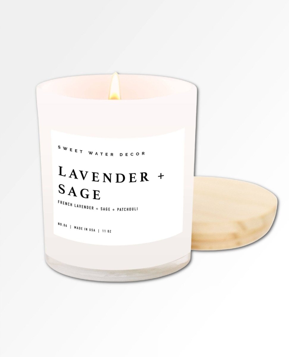 Lavender and Sage Soy Candle | White Jar Candle + Wood Lid - miamidrugpossession