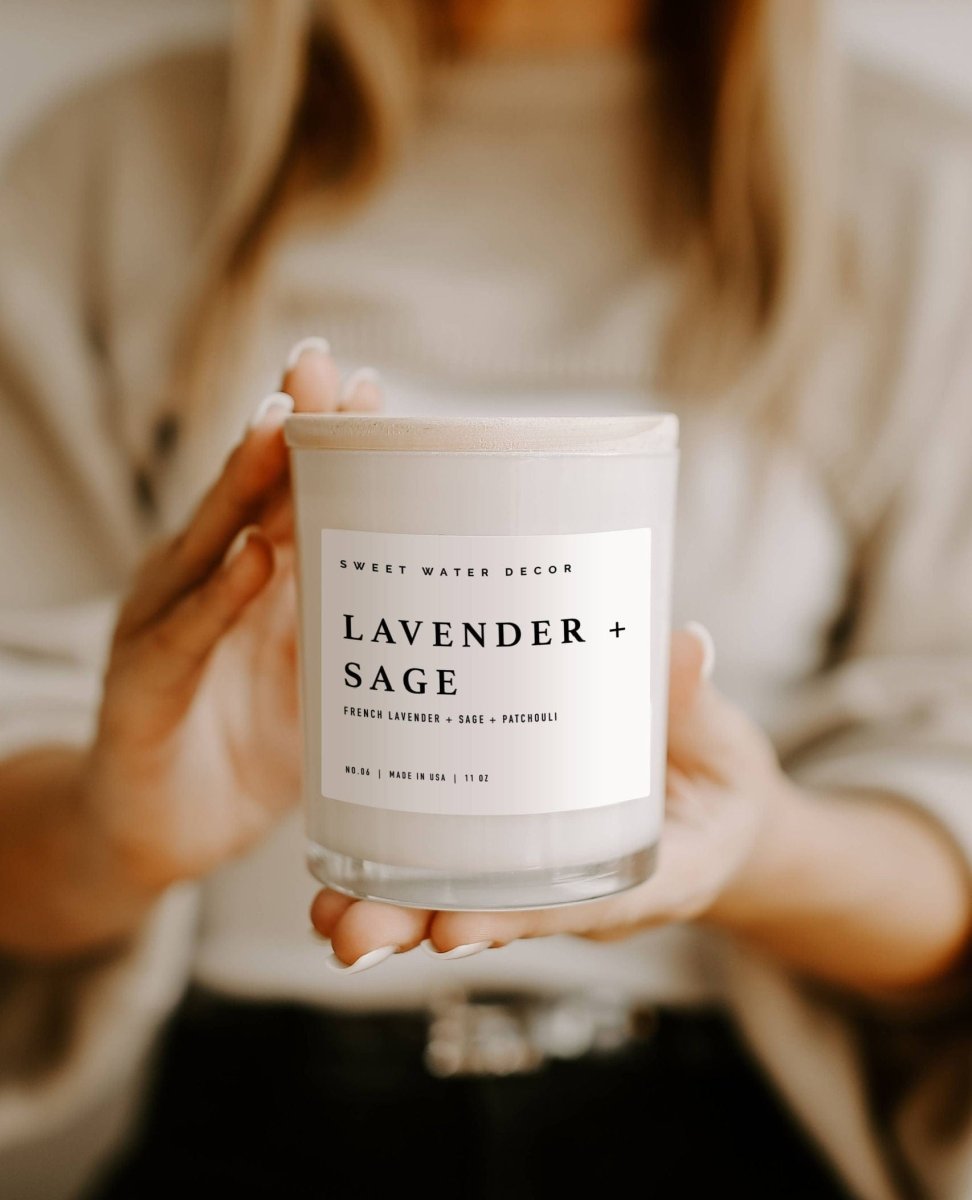 Lavender and Sage Soy Candle | White Jar Candle + Wood Lid - miamidrugpossession