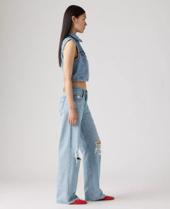 Low Loose Straight Leg Jean Blue Distressed - PINK ARROWS