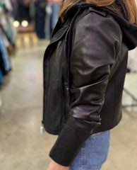 Molly Patina Hood Leather Jacket Black - PINK ARROWS