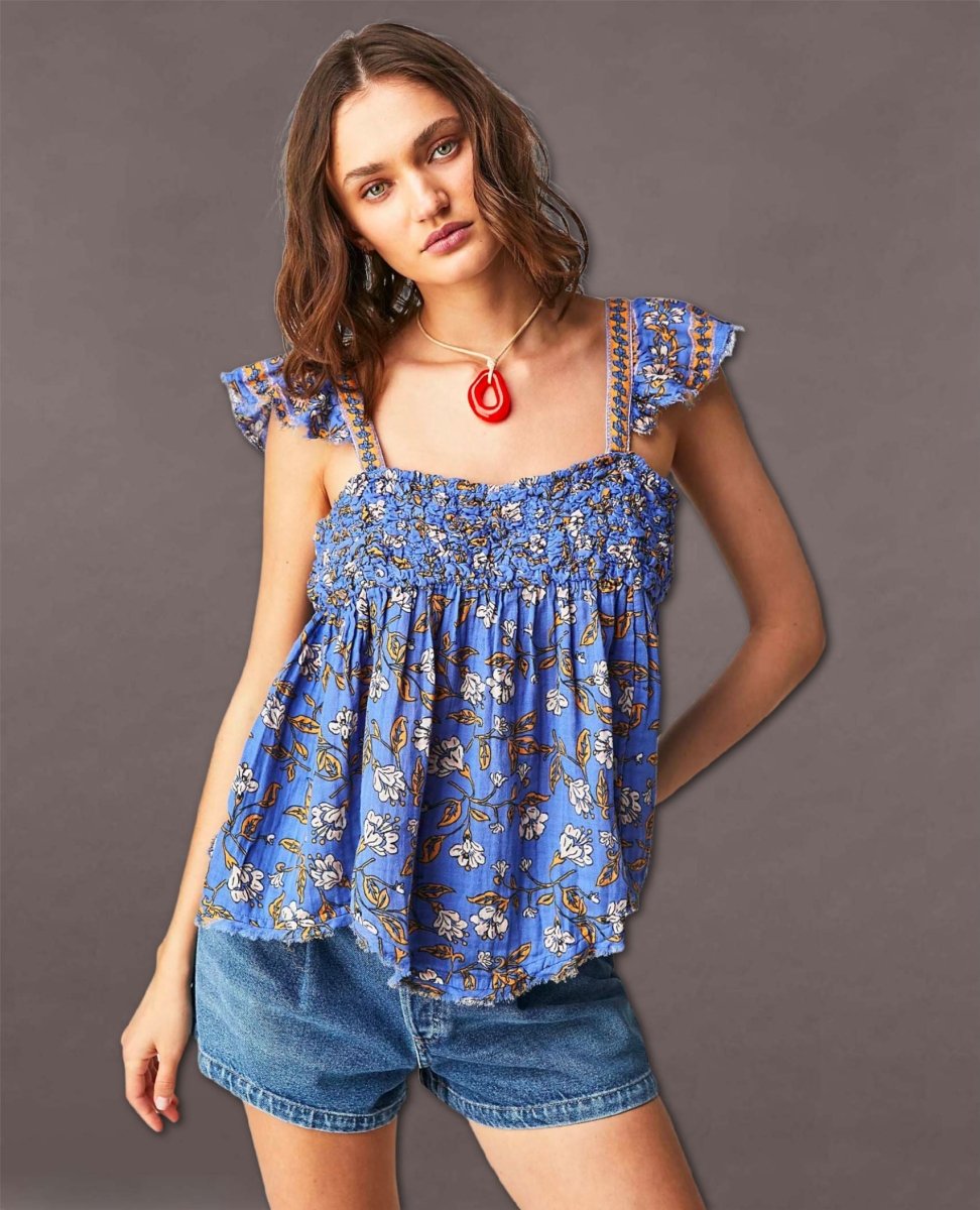 Nala Printed Babydoll Top Cobalt Combo - miamidrugpossession