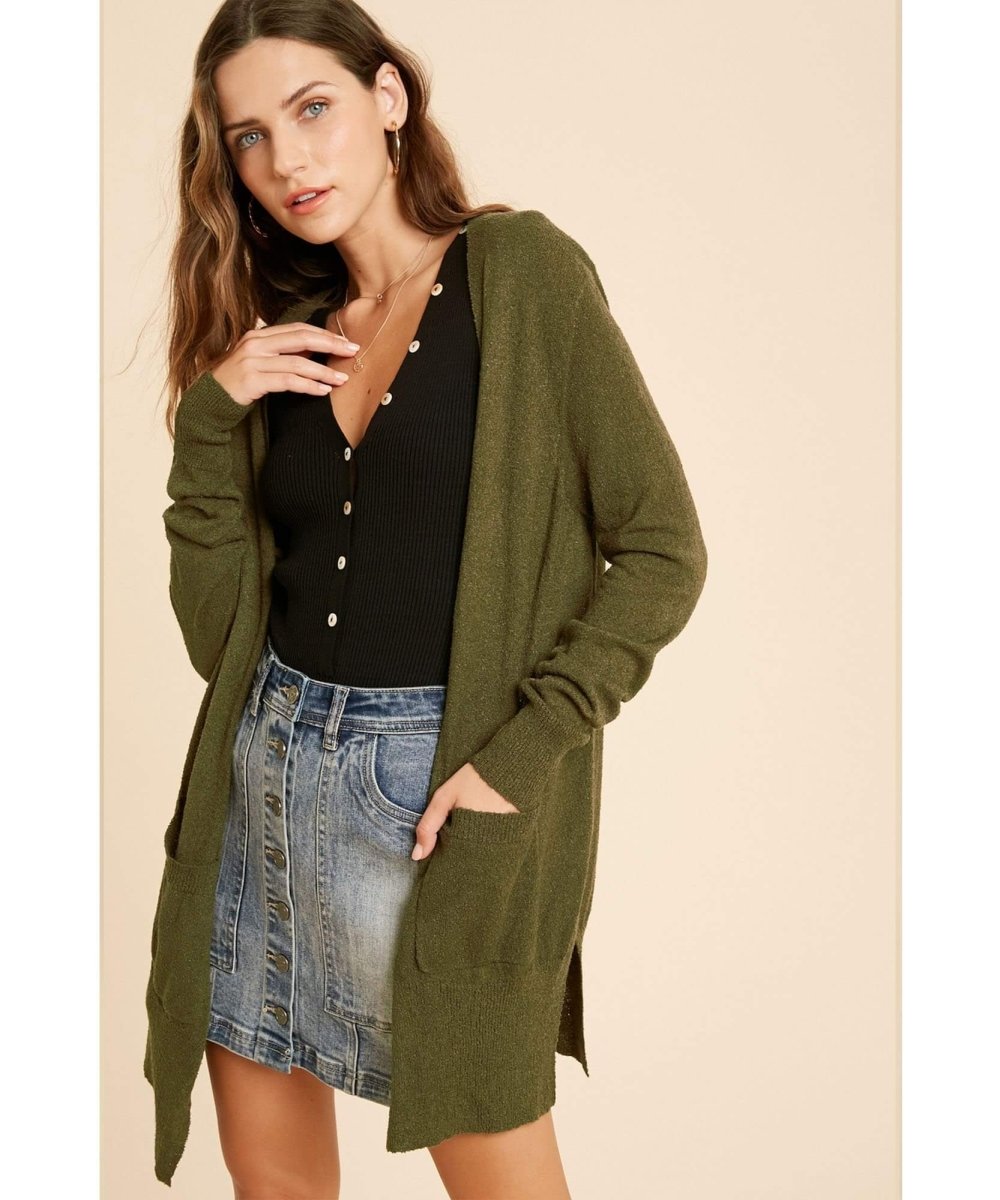 Olive Boucle Cardigan With Pockets - clearpathherbicide