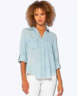 Restocked Riley Frayed Hem Shirt Chambray - miamidrugpossession