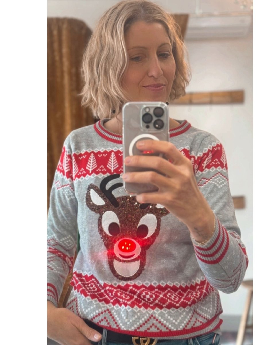 Restocked Rudolph Light Up Christmas Sweater Gray - PINK ARROWS