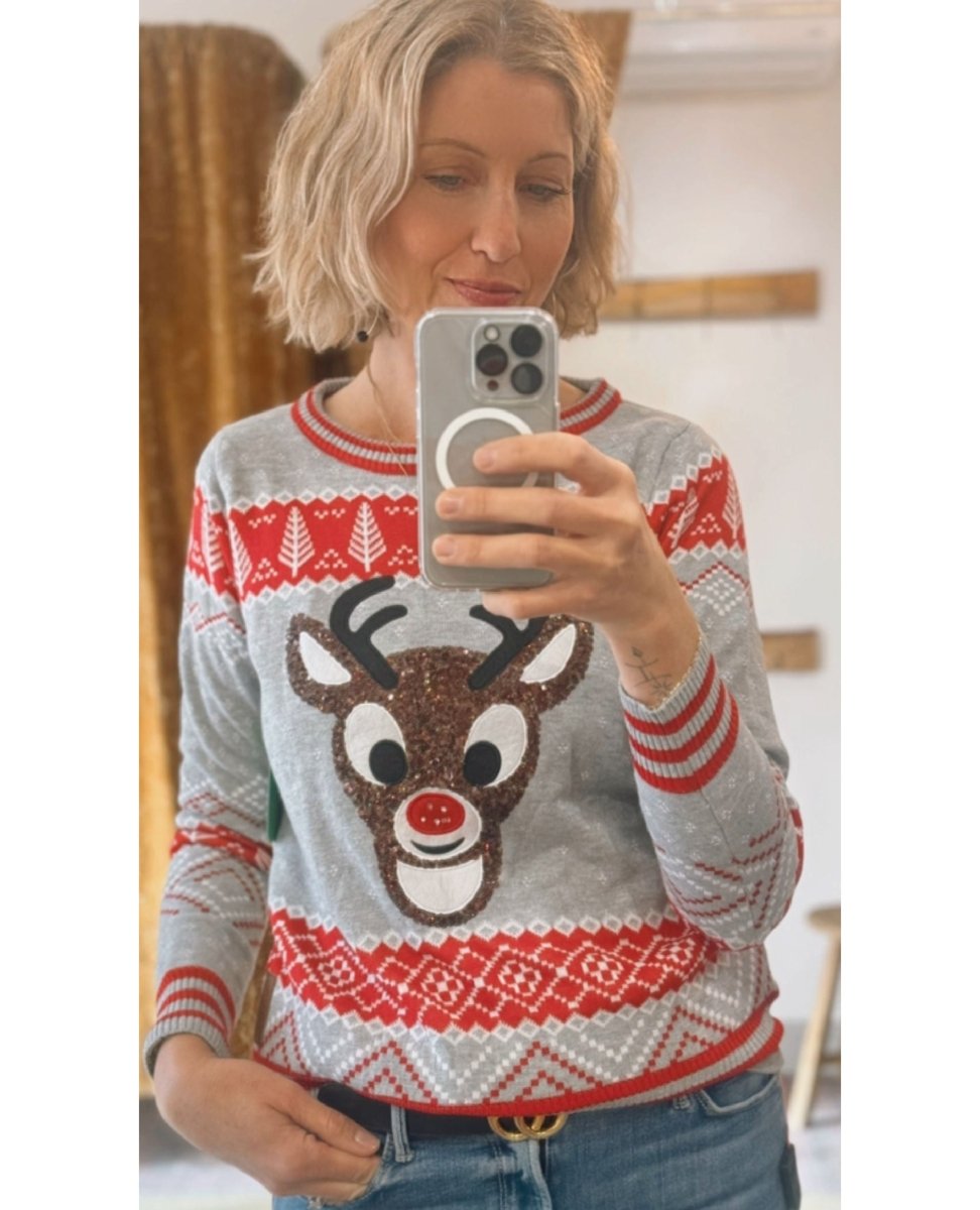 Restocked Rudolph Light Up Christmas Sweater Gray - PINK ARROWS