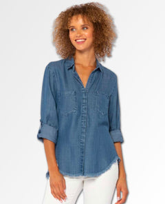 Riley Frayed Hem Button Up Shirt Denim - miamidrugpossession