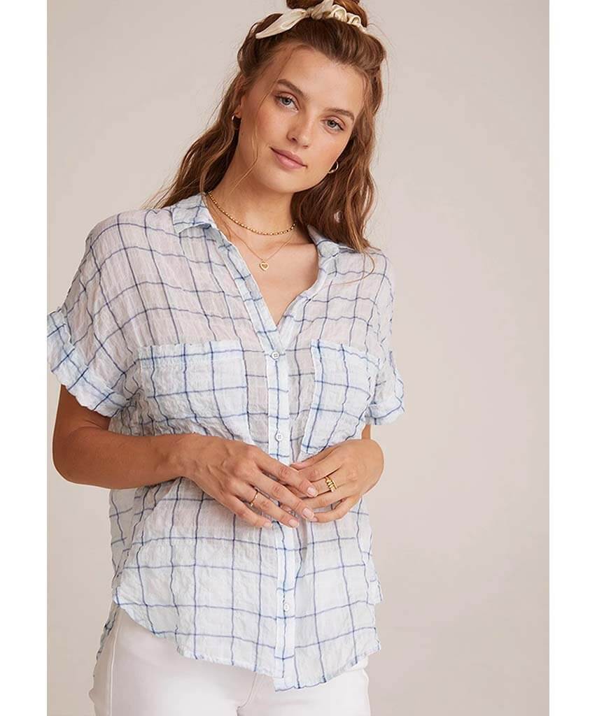 Rolled Short Sleeve Button Down Blue Plaid - clearpathherbicide