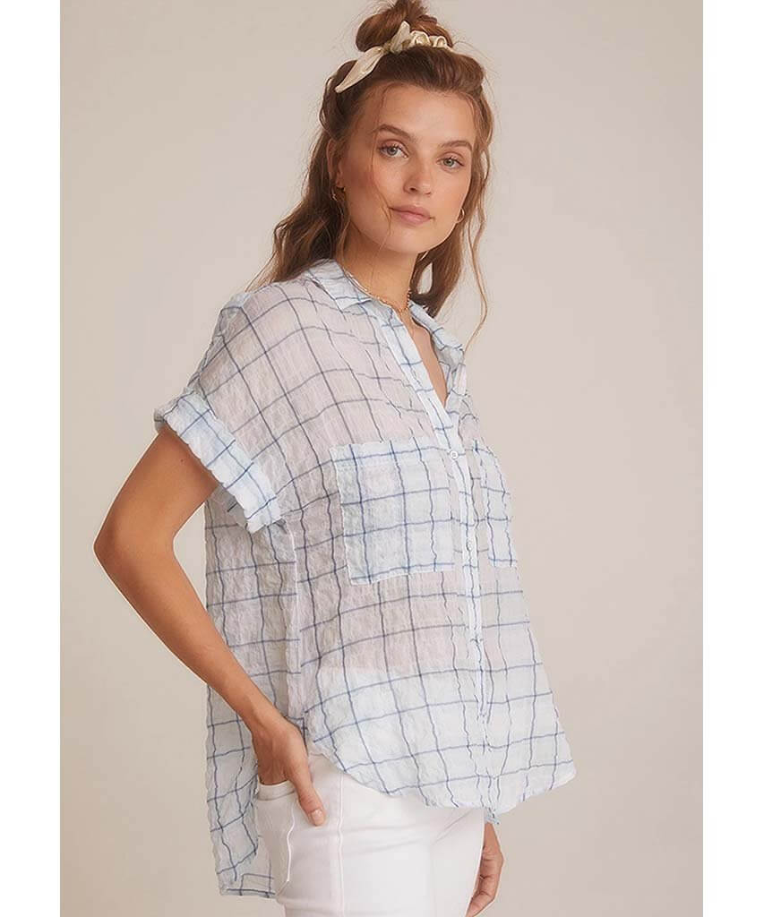 Rolled Short Sleeve Button Down Blue Plaid - miamidrugpossession